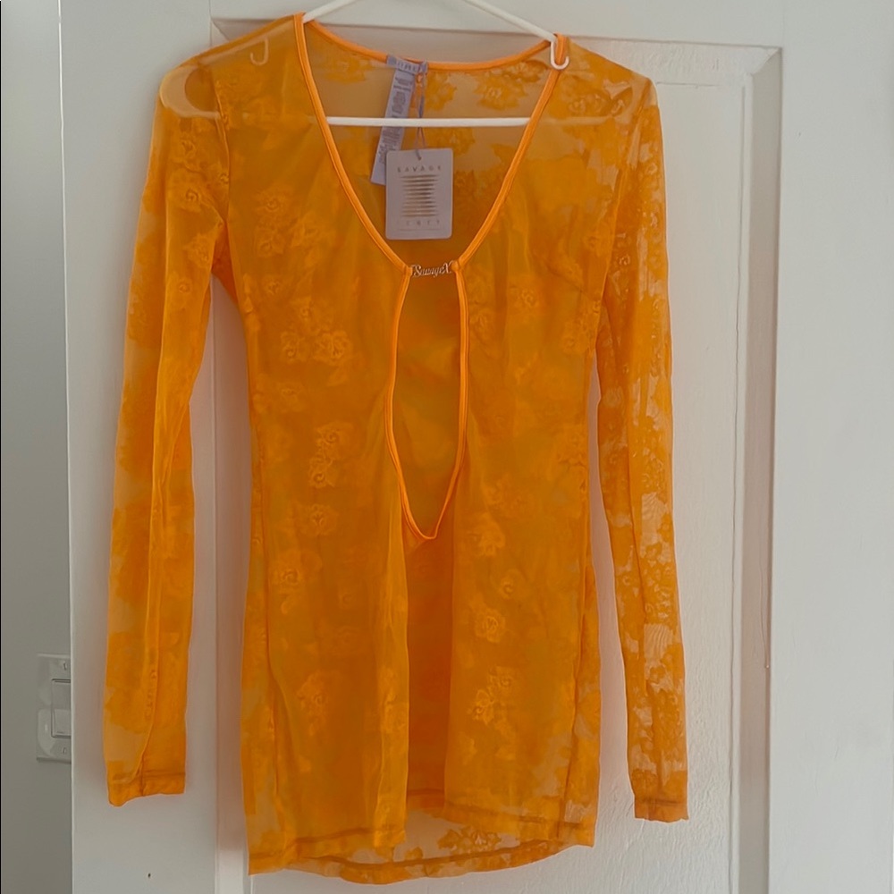 Savage X Fenty Orange Sheer Cut Out Blouse and Thong Set, Never Worn